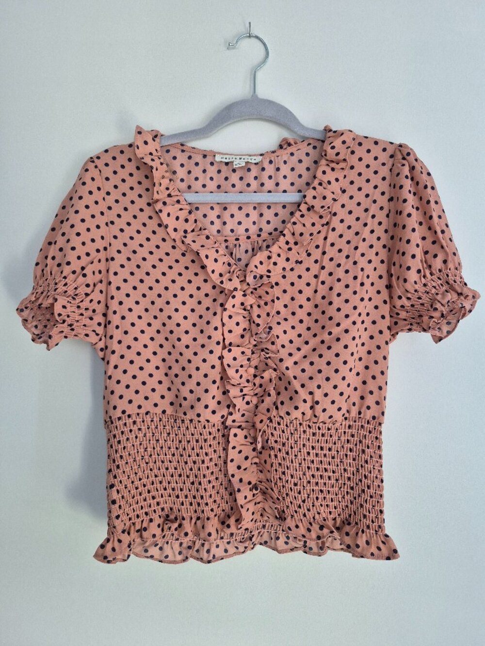 Haute Monde Polka Dot Smocked Ruffle Blouse – Pink/Black – Size M